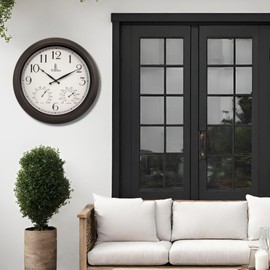 18 inch Outdoor Clocks for Patio Large Waterproof with Thermometer - Black Indoor Outdoor Clock with Temperature and Humidity for Wall - Weatherproof, Accurate & Easy to Read for Pool, Patio & Garden