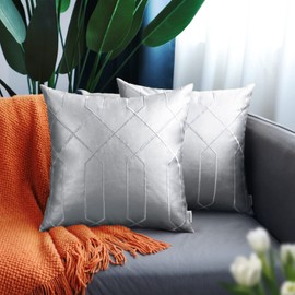 BRAWARM Leather Pillow Covers 18 X 18 Inches, Silver Faux Leather Pillow Covers Pack of 2, Geometric Embroidery Leather Decorative Throw Pillows for Living Room Couch Bed Sofa Home