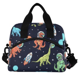 Oarencol Space Dinosaur Insulated Lunch Bag Star Rocket Reusable Cooler Lunch Tote Box with Shoulder Strap for Work Picnic School Beach
