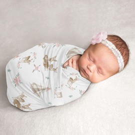 Sweet Jojo Designs Woodland Deer Floral Girl Swaddle Blanket Jersey Stretch Knit for Newborn or Infant Receiving Security - Blush Pink, Mint Green and White Boho Watercolor Forest