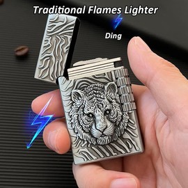 Encendedores clásico de llama suave con llama tradicional en relieve, encendedor vertical de encendido, encendedores frescos, regalos de cumpleaños únicos (tigre plateado)
