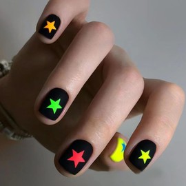 Press on Nails Short Square Fake Nails Full Cover Black White Y2K Press on Nails Green Red Yellow Star False Nails with Designs Glossy Glue on Nails Cute Acrylic Nails Artificial Nails for Women Girls