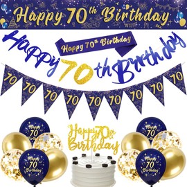 70th Birthday Decorations for Men,Navy Blue Gold 70th Birthday Party Decorations Include Happy 70th Birthday Banner,Triangle Flag Banner and Confetti Latex Balloons (70th Birthday)