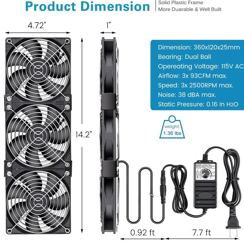 GDSTIME Big Airflow 3 x 120mm Fans DC 12V Powered