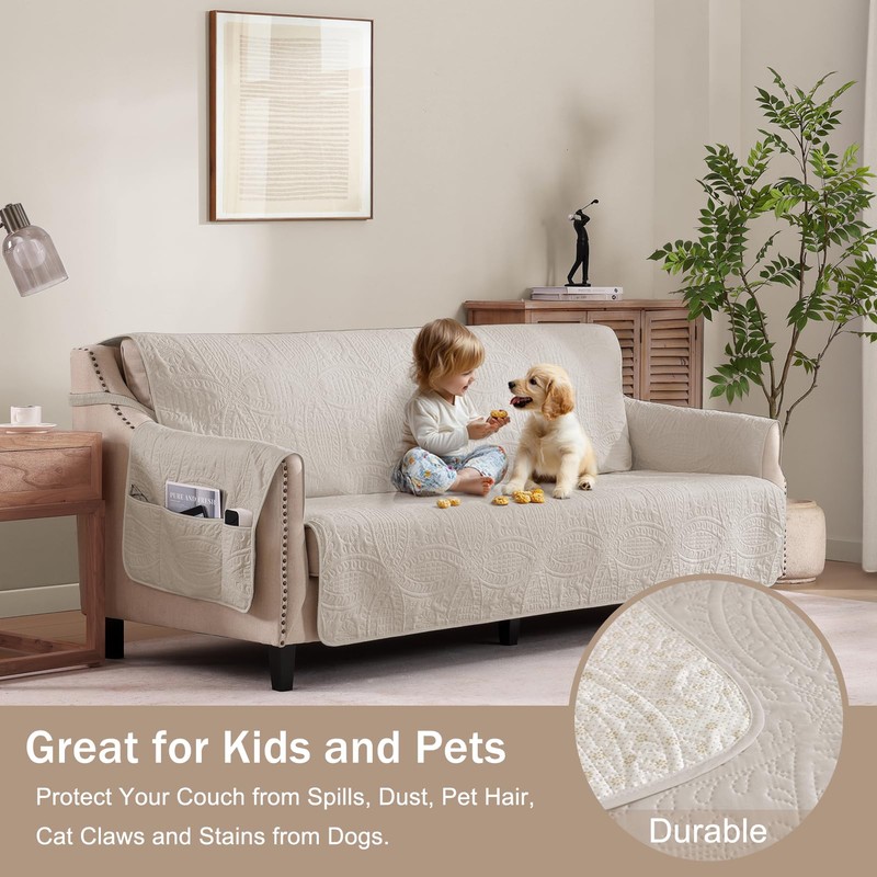 Pamhaven Soft Quilted Couch Cover with Pockets for Extra-Large Sofa,