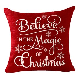 FELENIW Set of 4 Merry Christmas Believe Reindeer Tree Best Gift Square Pillowcase Decorative Throw Pillow Cover Cushion Case Cotton Linen Material 18" x18'' (Beige&Red)