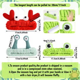 LLOUSSAK 3Pcs Face Wash Headband Cute, Soft Spa Headband Coral Fleece Hairband for Washing Face, Elastic Snail Frog Crab Makeup Headbands for Women, Cartoon Fun Hair Accessories for Skincare Shower