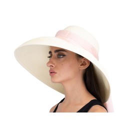 Color Me MIU Bundle 3 in 1 Premium Holiday White Straw Hat with 3 Chiffon Silk Scarves in Black, Blue, and Rose Fully Adjustable Womens Beach Hat Audrey Hepburn Inspired