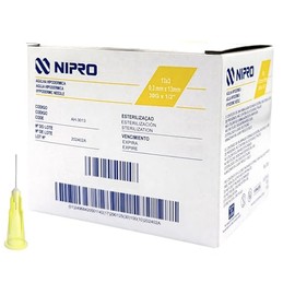 Aguja Hipodérmica 30G x 13mm (1/2”) color Amarillo NIPRO Caja con 100 Piezas Tribiselado, Tecnología Ultra-Thin Wall (Pared delgada que disminuye el dolor)