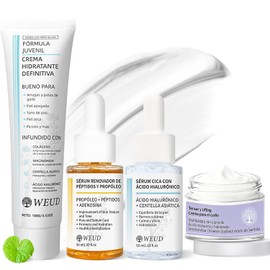 WEUD Skin Care Coreano 4 En 1 Kit, con 1 Crema Hidratante Niacinamida + 1 Crema para Cuello + 1 Serum Centella Asiatica + 1 Serum Péptidos Propóleo, Hidrata, Ilumina, Reduce Líneas Finas y Marcas de Acné