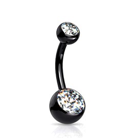 FIFTH CUE 14G Solid G23 Implant Grade 23 Titanium INTERNALLY THREADED Double Jeweled Naval Belly Ring (BLACK/CLEAR - (3/8 (10mm) | 5 & 8mm Balls))