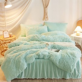 HAIHUA Green Faux Fur Comforter Cover Queen Size，Fluffy Mint Green Faux Fur Comforter Set 3 Pieces(1 Plush Duvet Cover +2 Shaggy Pillowcases) Faux Fur Bedding Set,Solid Color (Mint Green, Queen)