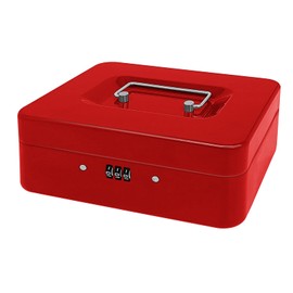 Steel Cash Box with Combination Lock, Metal Small Money Organizer with Removable Money Tray,Cash Storage Box with Lockable Cover (Red - 9.8" x 7.9" x 3.3")