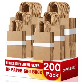 XPCARE 200PCS Brown Paper Bags with Handles, Three Different Sizes of 5.25x3.25x8.25 & 8x4.5x10 & 10x5x13 Inch Grocery Retail Kraft Paper Gift Bags for Party Birthday Shopping Takeaway