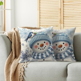 Winter Snowman Pillow Covers 18X18 Set of 2, Blue White Christmas Snowflake Bird Xmas Holiday Theme Decorative Throw Pillowcases Outdoor Farmhouse Seasonal Cushion Cases Couch Sofa Bed Decor