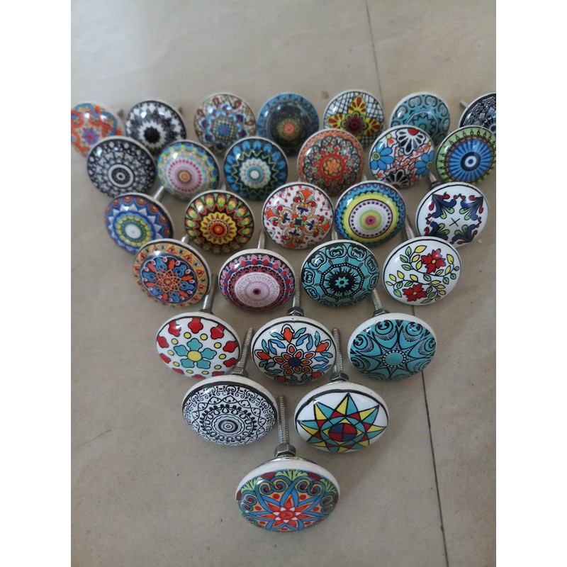 Set of 20 Handmade Mandala Colourful Ceramic and Metal Knobs