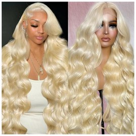 613 Blonde Perücke mit Spitzenfront, Echthaar, 13 x 6 cm, gewellt, HD, Spitzenfront, 180 % Dichte, transparent, Spitzenfront, vorgekämmt, Babyhaar, 55,8 cm
