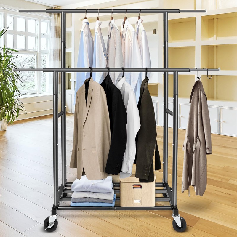 Fishat Stand Portable Black Double Rods Garment Rack with Rolling