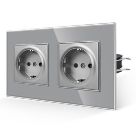 JIMEIDA Double Socket Glass 2 Compartments, 16 Amp Tempered Glass Panel Standard Socket Grey Protective Contact Wall Socket 157 x 86 mm 250 V
