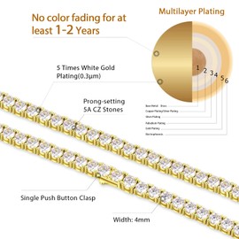 KRKC&CO 4mm Tennis Chain for Men, 14k Gold Necklace, Iced Out Prong-Setting 5A Cubic Zirconia Stones Hip Hop Rappers, 20in, 𝐅𝐚𝐭𝐡𝐞𝐫𝐬 𝐃𝐚𝐲 𝐆𝐢𝐟𝐭𝐬