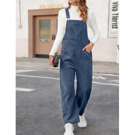 AMEBELLE Corduroy Overalls for Women Barrel Wide Leg Bib Corduroy Pants Women Adjustable Romper Jumpsuit with Pockets(3007-Navy-M)