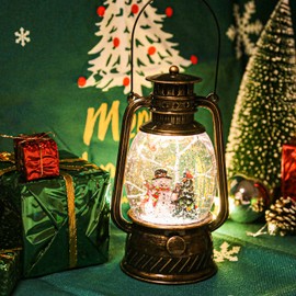 Christmas Snow Globe Lantern with Swirling Glitter and Battery & USB Powered Light 6H Timer for Christmas Home Decoration and Gift (Christmas Tree and Snowman)