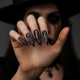 Black Glitter Almond & Stiletto Press-On Nails, 24PCS Glossy Fake Nails with Accessory Tools, Swirl Pattern Tips for DIY Art, Easy Stick-On Manicure for Women