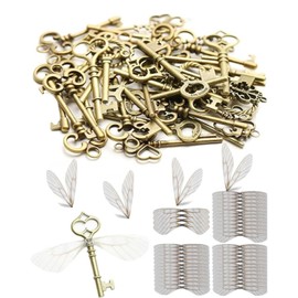 TPZORJX 40pcs Vintage Schlüssel Deko Antiken Anhänger Set, Bronze Skelettschlüssel mit Weiß Libelle Flügel Charm, Retro Anhänger Rustikalen Schlüssel für Halskette zum Herstellen, DIY
