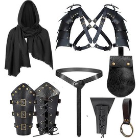 SUMGOGO 8 Pcs Mens Renaissance Costume Medieval Pirate Shawl Belt Pouch Shoulder Armor Arm Bracers Belt Sword Bag Cosplay Accessory (Black)