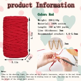 1 PCS 200g Red 100% Cotton Yarn Hollow Knitted Crochet Yarn,164 Yards Fabric Yarn Round Rope Yarn for DIY Handbag Purse Basket Cushion Crochet Bag