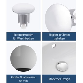 Sanitop-Wingenroth Excenterstopfen | Klassisches Design | 65 mm | Zentrierstern | Für Excentergarnituren | Metall & Kunststoff | Verchromt | 65668 9