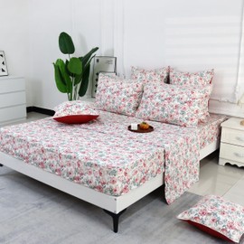 FADFAY Rose Floral Sheets Queen Vintage Red Floral Bedding Shabby Rustic Rose Sheets French Country Farmhouse Bedding 800 Thread Count 100% Egyptian Cotton Deep Pocket Fitted Sheet 4Pcs, Queen Size