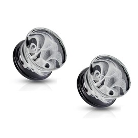 Pierced Owl White Swirling Smoke Pyrex Glass Double Flared Black Back Plugs, Sold as a Pair (10mm (00GA))