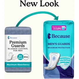 Because Premium Guards for Men - 20 Count Pack of Discreet, Individually Wrapped Bladder Protectors - Complete Absorbency, Fast-Locking, Odor Control - Comfort Fit, 2 Cups of Absorbency