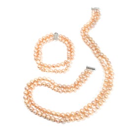 StunningBoutique Awesome Handcrafted 2 Strand Natural Charming Fresh Water Pearl Necklace bracelet with silver secure lock sliding clasp "pearl set for women" (Pink)