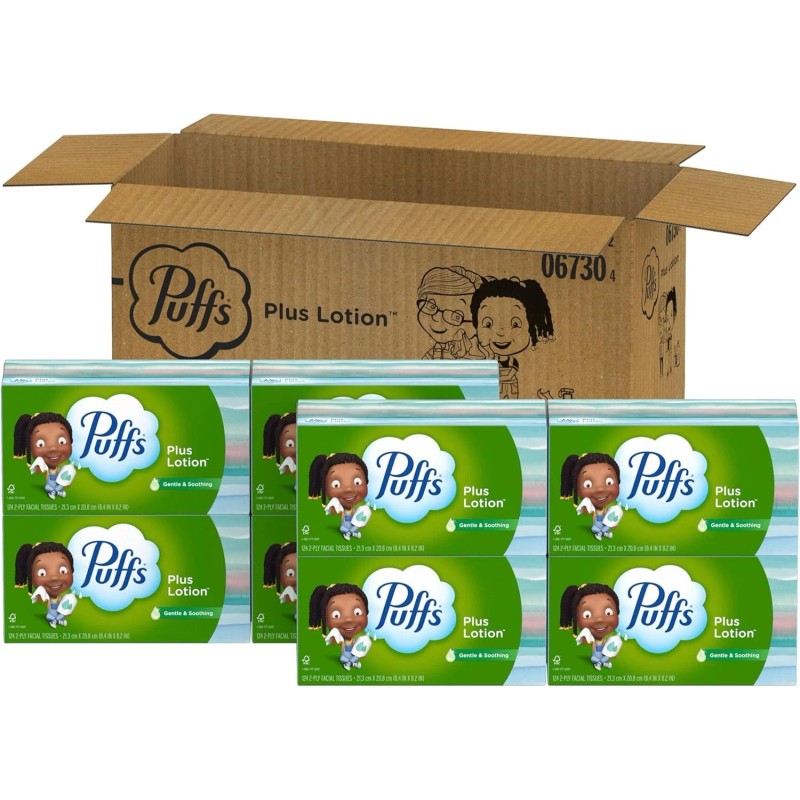Puffs Plus Lotion Facial Tissues, 8 Family Boxes, 124 124