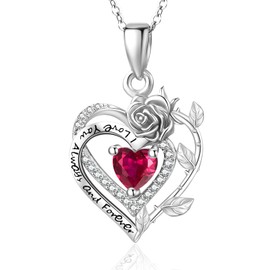 Rose Kette Halskette Silber 925 Juli Geburtsstein Rubin Anhänger Blume Herz Schmuck Geschenke für Damen Frauen