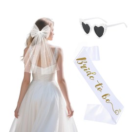Baieye Pack of 3 Jga Accessories Women, Jga Accessories with White Veil, Bride to Be Sash, Heart Sunglasses Pearl, for Bachelor Party, Bridal Party, Bride to be Decoration, White