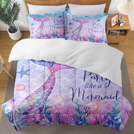 Culudea Pink Mermaid Shell Comforter Set Twin Size, Unicorn Rainbow Starfish Soft Bedding Set with Pillowcases for Girls Teens Kids Boys Adults Bedroom Bed Decor,1 Quilt 1 Pillow Case
