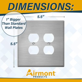 Oversized Stainless Steel Outlet Covers, Duplex Receptacle 2 Gang Wall Plate, 5.5" x 5.50" Jumbo Duplex Wall Plate, 430 Grade Stainless Steel, Corrosive Resistant, With Matching Screws, Made in USA
