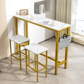 Finnhomy 52.7" Industrial Bar Table Set with 2 Stools - Counter Height Dining & Pub Table for Small Spaces, Kitchen, Apartment, Nook - Metal & Wood, Space-Saving Furniture - White Marble and Gold