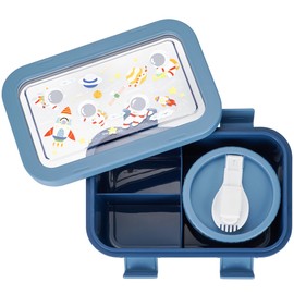 Fanhaw Kids Bento Box, 32 Oz/4 Cup Lunch Box with 3 Compartments, Utensil, Sauce Jar, Microwave & Dishwasher Safe (Blue)