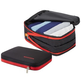Bee Nesting Compressible Travel Bag, Zips Down to Save Approx. 50% of Space, Lightweight, For Business Trips and Travel, Transforms in Size, Has 2 Storage Compartments, multicolor (black / red)