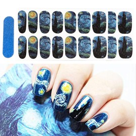 3D Van Gogh's Starry Night Fullnail Stickers, Full Nail Starry Sky Art Gel Nail Polish Sticker Decals, Shimmery Glittery, Long Lasting, Easy to Apply & Remove - 2 Sheets(28 Nail Wraps) and 1 File
