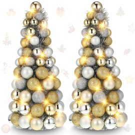 Meooeck 2 Pcs Christmas Ball Tree with Lights 16 Inch LED Fireplace Table Holiday Xmas Tree Decorations Tabletop Christmas Beach Decorations for Party(Gold, Silver, Yellow)