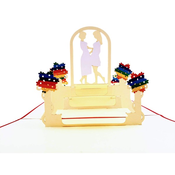 iGifts And Cards Fancy Lesbian Couple Celebration 3D Pop Up Greeting Card - Wedding, Marriage, Engagement, Anniversary, Half-Fold, Pride, Lovers, Women, Brides, Wives, True Love, Rainbow, Unique Happy