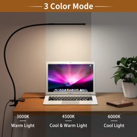 Mojimdo LED Desk Lamp with Clamp, LED Dimmable Reading Lamp with Flexible Gooseneck, 3 Colors & 10 Brightness Clamp Lamp with USB Adapter for Study Reading Workbench Crafting Drafting