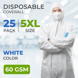AMZ Medical Supply White Disposable Coveralls with Hood, 5X-Large. Pack of 25 Microporous Lab Coveralls for Men and Women. 60 GSM Painters Suit Disposable with Storm Flap Zipper Cover. Hazmat Suit