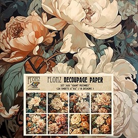 Decoupage Paper Pack (24 Sheets 6"x6") Giant Peonies # Vintage Styled Pattern Paper for Decoupage, Craft and Scrapbooking
