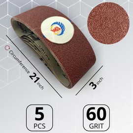 WA 5PCS - 3" x 21" Sanding Belt, 60# Aluminum Oxide, 3-Inch x 21-Inch Premium Sandpaper for Sander Metal Fabrication, Woodworking (3Inch, GRIT 60)